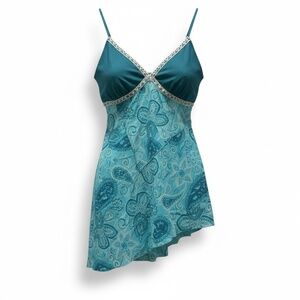 Y2K Blue and green paisley beaded top with asymmetrical hem Sz M